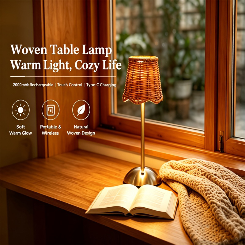 Lighting Decoration For Home - Böhmische Geflochtene Rattan-Kunst-Tischlampe, 3-stufig dimmbar, Touch-Steuerung,