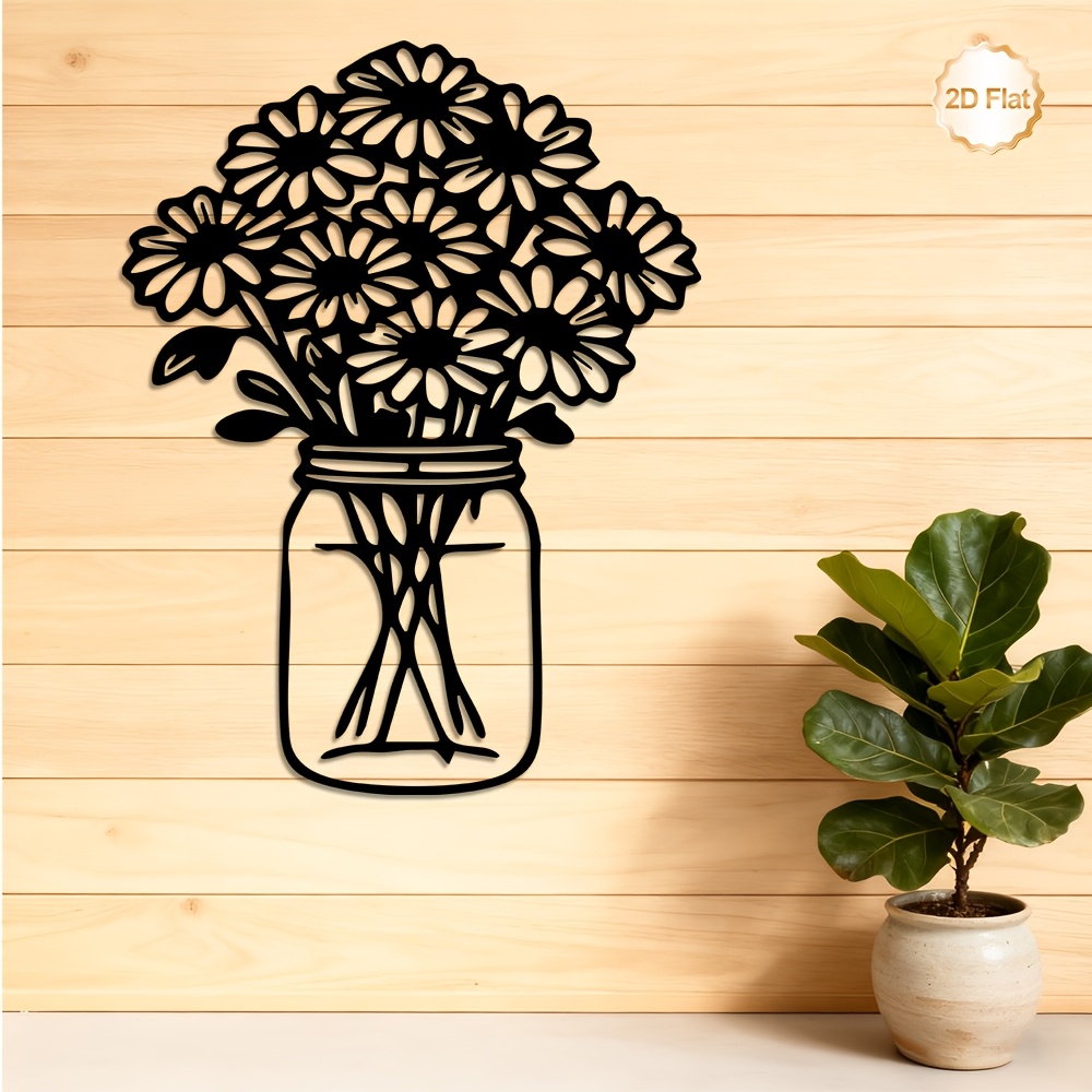 Lighting Metal Wall Decor - CIFBUY Metall-Wandkunst, Gänseblümchen-Strauß, Mason Jar-Skulptur, 2D-Flach-Eisen-Dekoration